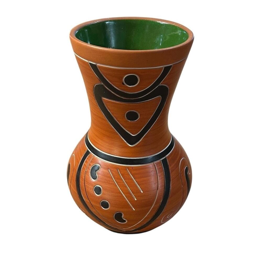 Mexican Redware Art Pottery Vase 9" Green Glaze Interior Rustic Vintage Mexico
